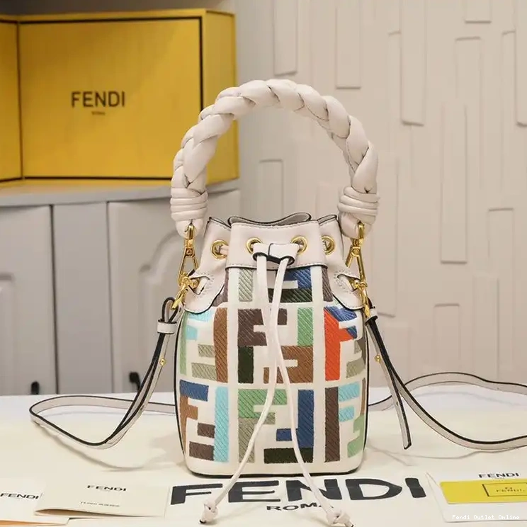 Affordable Bucket FF Mon Mini Bag Beige Handle Tresor Fendi Woven In Canvas with Motif 0626